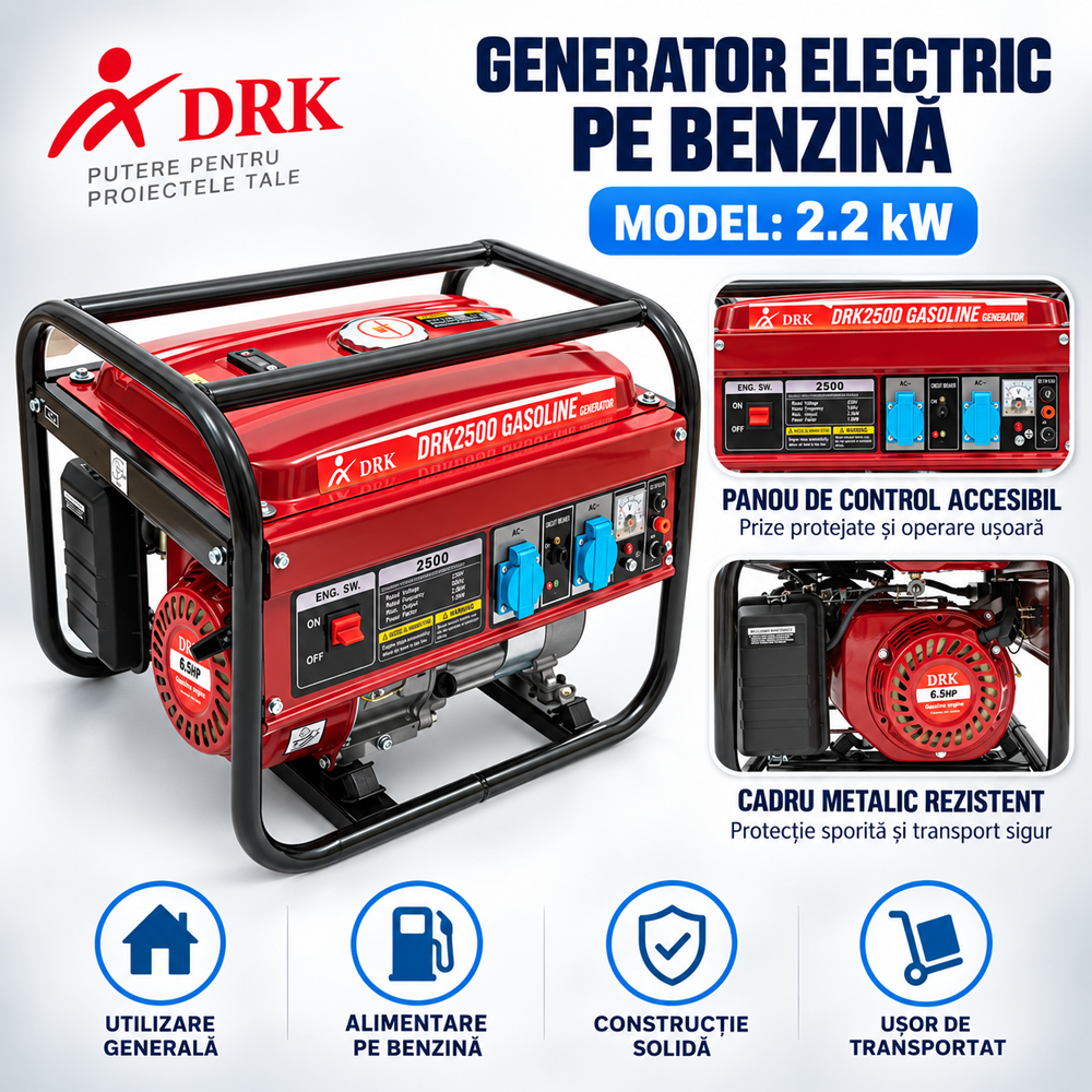 Generator electric pe benzină 2,2 kW, maxim 2500W, motor 4T 6,5 CP, 230V, AVR [4]