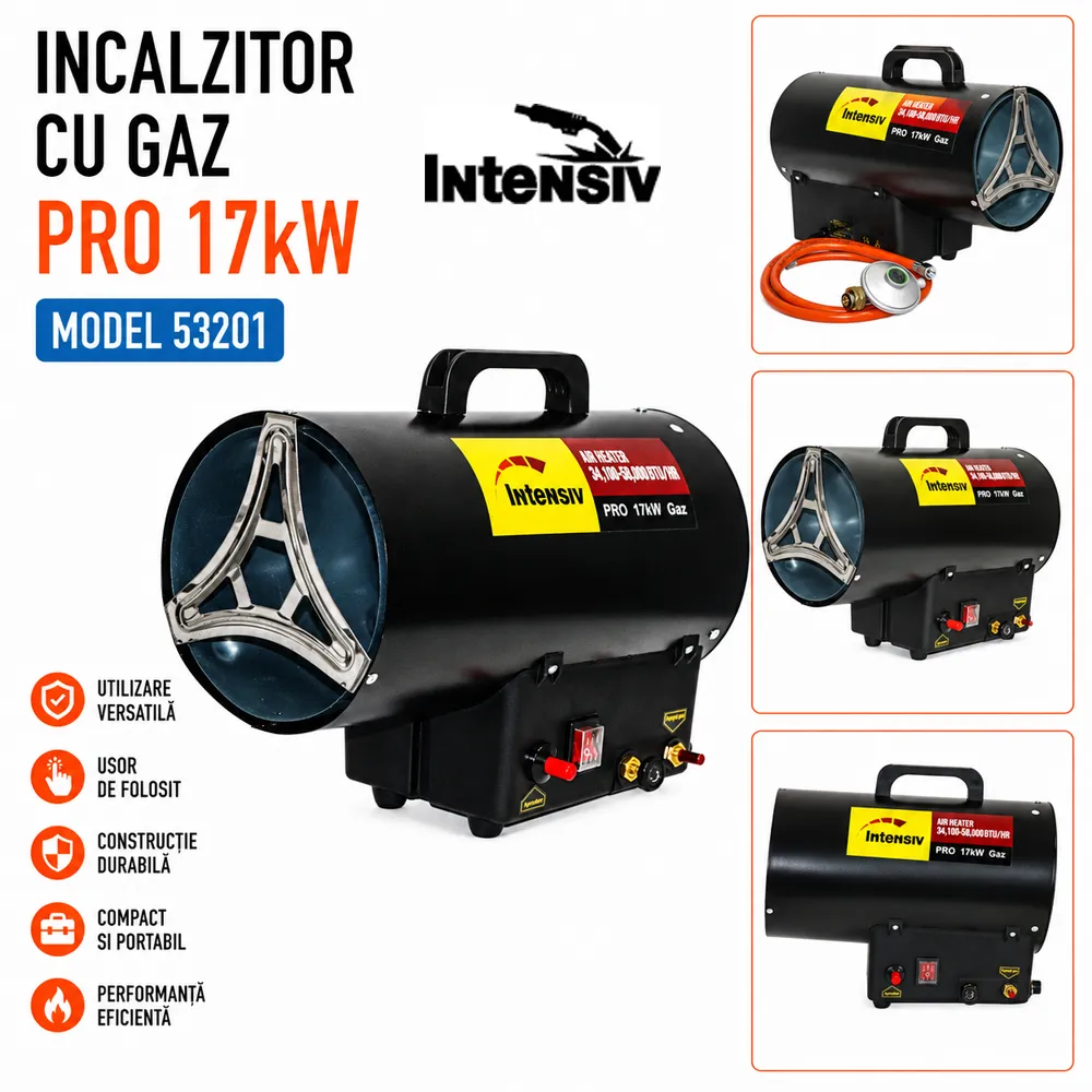 Încălzitor pe gaz GPL 10–17 kW, debit aer 320 m³/h, aprindere piezo și protecție termică, PRO 17 kW Gaz [3]