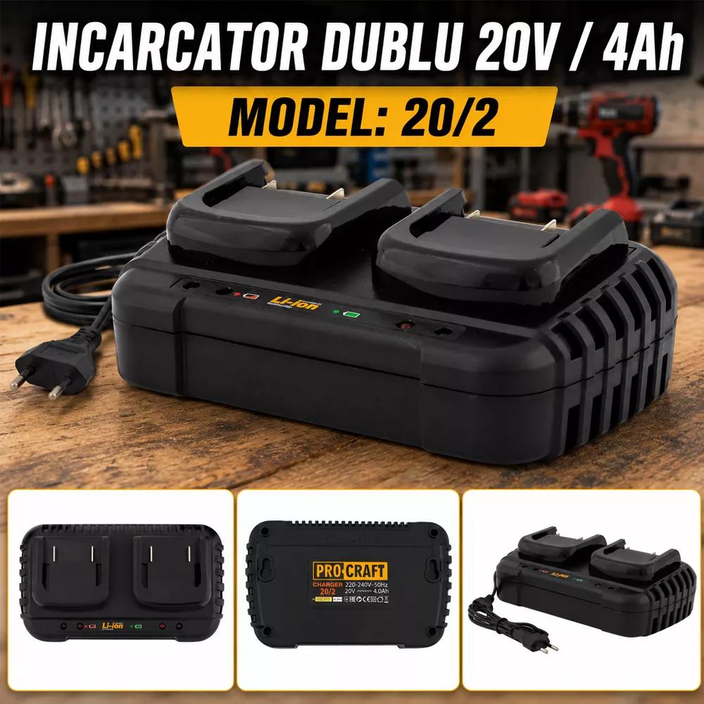 Încărcător dublu rapid 20V pentru 2 acumulatori Li-Ion, cablu 1,4 m, 20/2 [3]