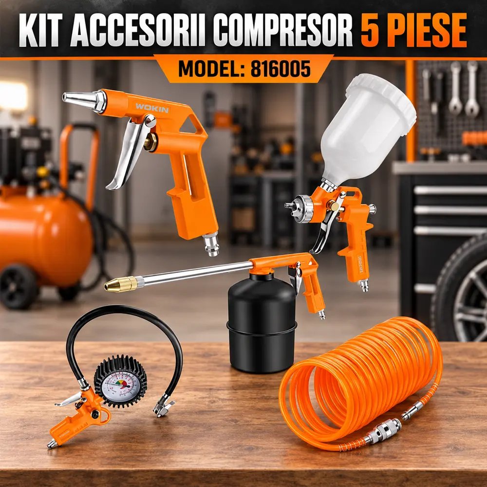 Kit accesorii compresor 5 piese, pistol vopsit, pistol spălat, manometru, furtun spiralat 5 m, 816005 [1]