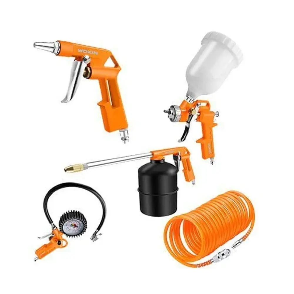 Compresoare și accesorii aer - Kit accesorii compresor 5 piese, pistol vopsit, pistol spălat, manometru, furtun spiralat 5 m, 816005