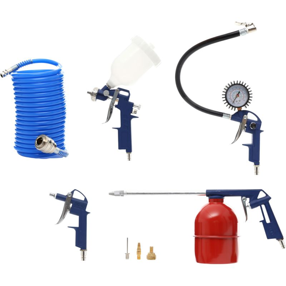 Compresoare și accesorii aer - Kit accesorii compresor 8 piese, furtun spiralat 5 m, pistol vopsit, umflat și suflat, KD413