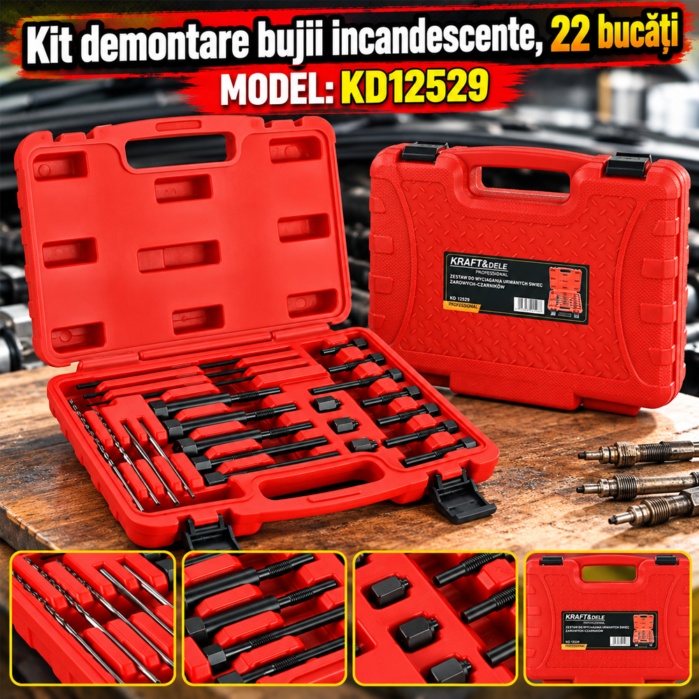Kit demontare bujii incandescente, 22 piese, extractoare, adaptoare și burghie, KD12529 [4]