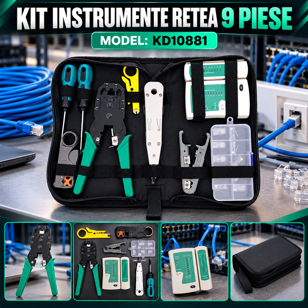 Kit scule pentru rețea, 9 piese, tester cablu, clește sertizare RJ45, accesorii, KD10880 [4]