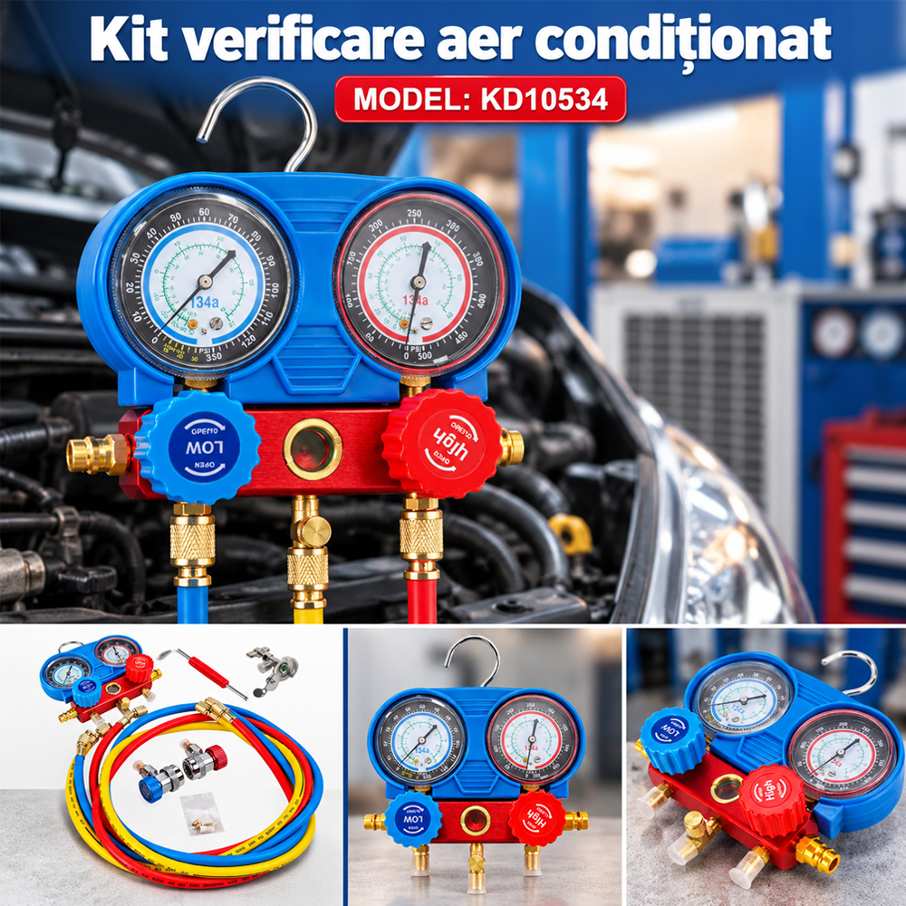 Kit verificare aer condiționat R134a, 2 manometre, 3 furtunuri, 0–35 bari, KD10534 [4]
