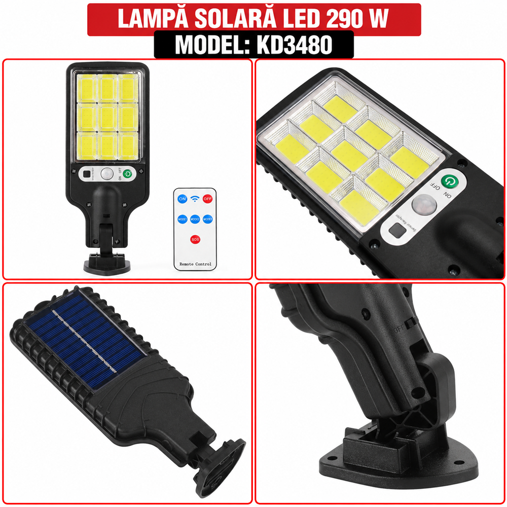Lampă solară LED 290 W, 5000 lm, senzor mișcare, telecomandă, IP65, KD3480 [4]