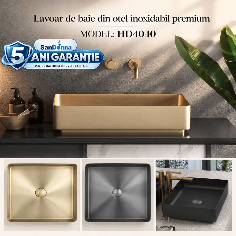 Chiuvete, Baterii Sanitare și Accesorii - Lavoar de baie din oțel inoxidabil, 40 x 40 x 12 cm, montaj pe blat, HD4040 (5 ANI GARANȚIE)