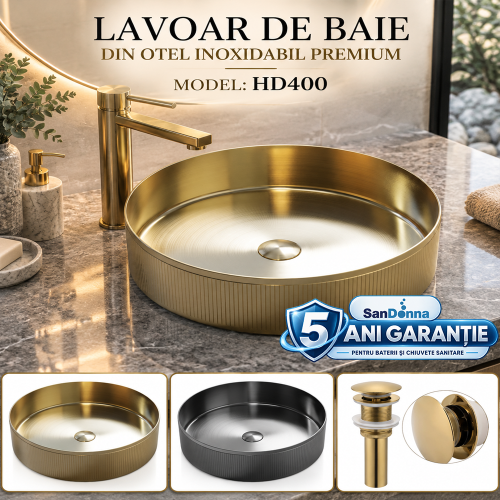 Chiuvete, Baterii Sanitare și Accesorii - Lavoar de baie rotund din inox, 40 x 40 x 12 cm, montaj pe blat, HD400 (5 ANI GARANȚIE)