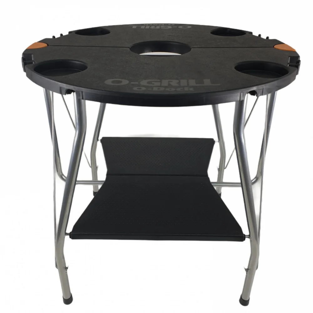 Masă pliabilă pentru grătar, diametru 640 mm, raft depozitare și cârlige integrate, O-DOCK [1]