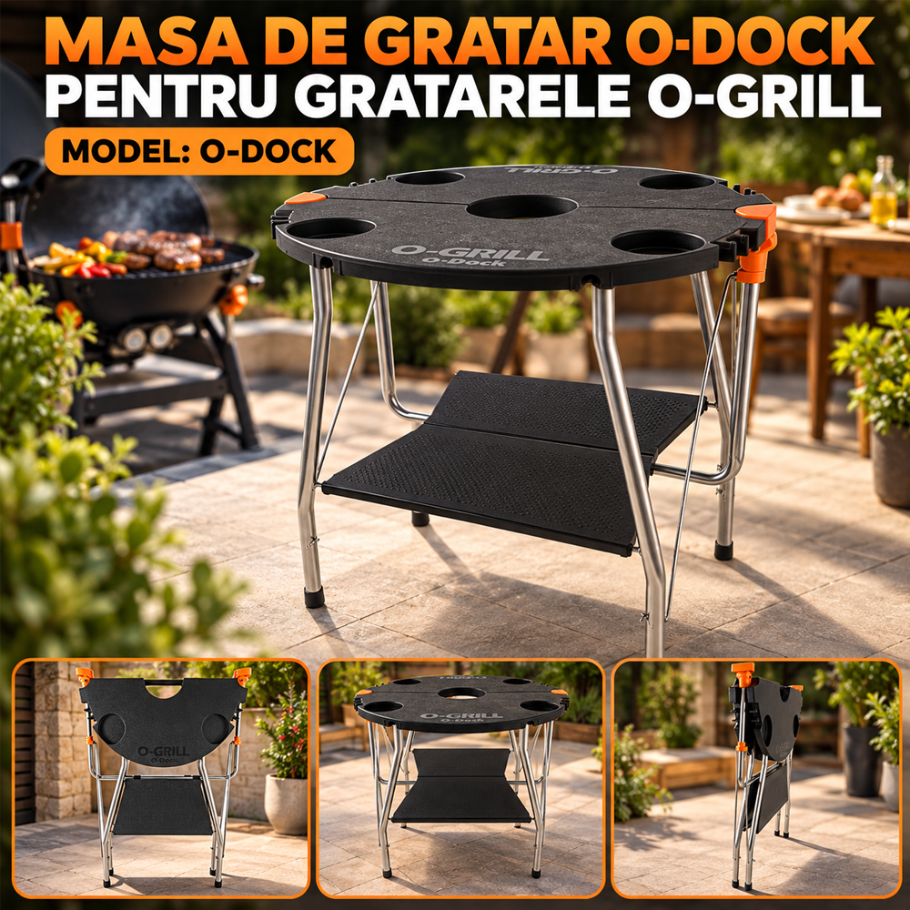 Masă pliabilă pentru grătar, diametru 640 mm, raft depozitare și cârlige integrate, O-DOCK [4]