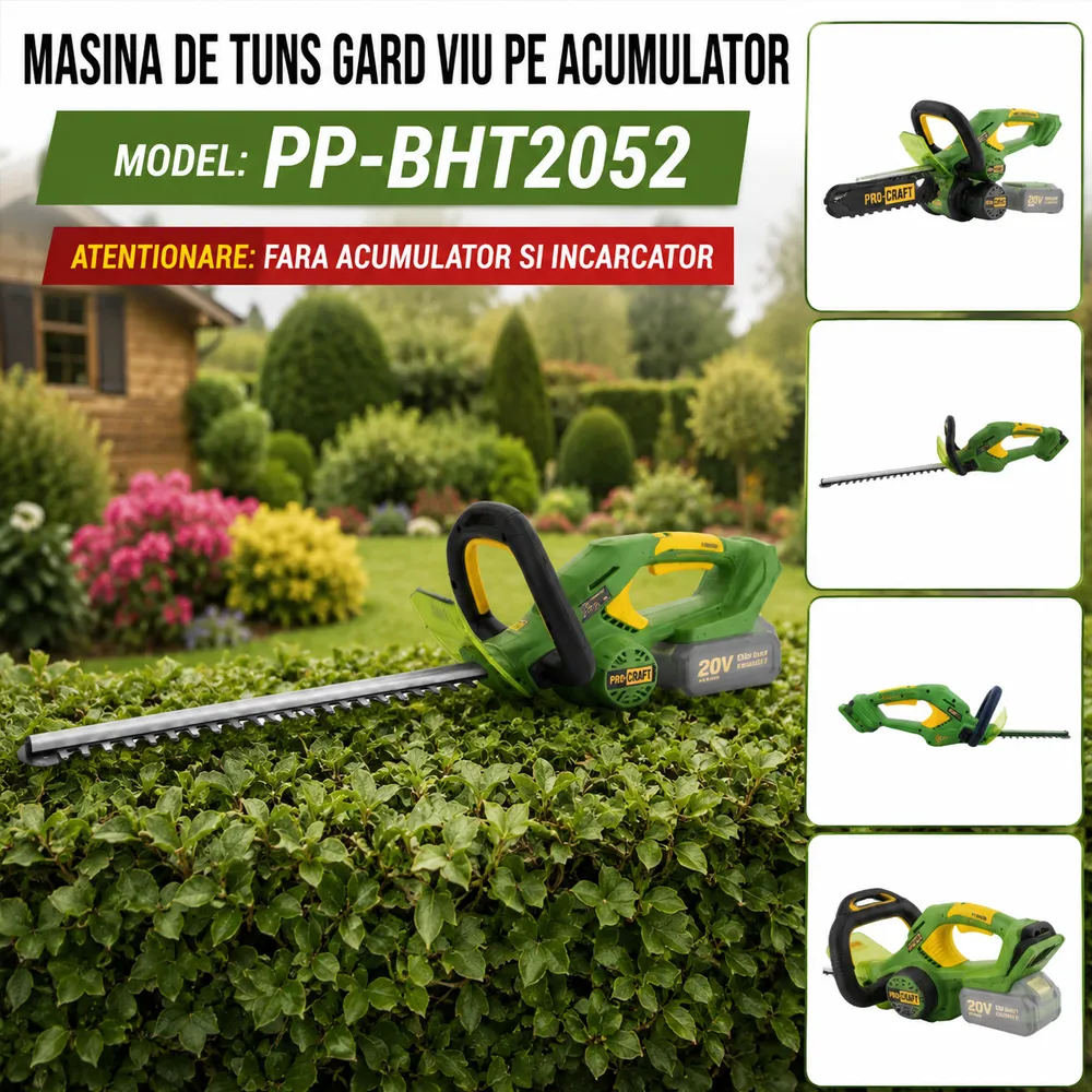 Mașină de tuns gard viu pe acumulator 20V, lamă 61 cm, 2700 rpm, tăiere 16 mm, PP-BHT2052 [Fără acumulator și încărcător] [4]