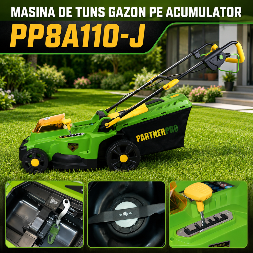Mașină de tuns gazon pe acumulator 2 x 20V, 3300 rpm, coș 35 L, 2 acumulatori 4Ah incluși, PP8A110-J [4]