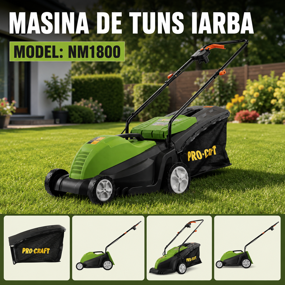 Mașină de tuns iarba electrică 1500W, lățime tăiere 36 cm, colector 50 L, reglaj 25–65 mm, NM1800 [5]