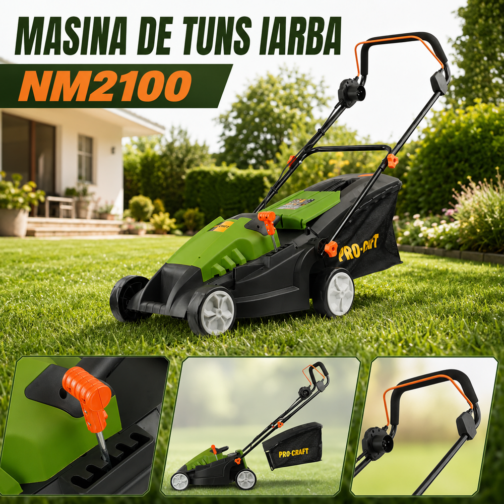 Mașină de tuns iarba electrică 1400W, 3000 rot/min, colector 50 L, reglaj 20–65 mm, NM2100 [5]