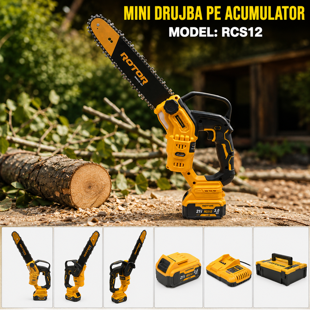 Mini drujbă cu acumulator 21V, 500W, lamă 30 cm, 2 acumulatori 3Ah incluși, RCS12 [6]