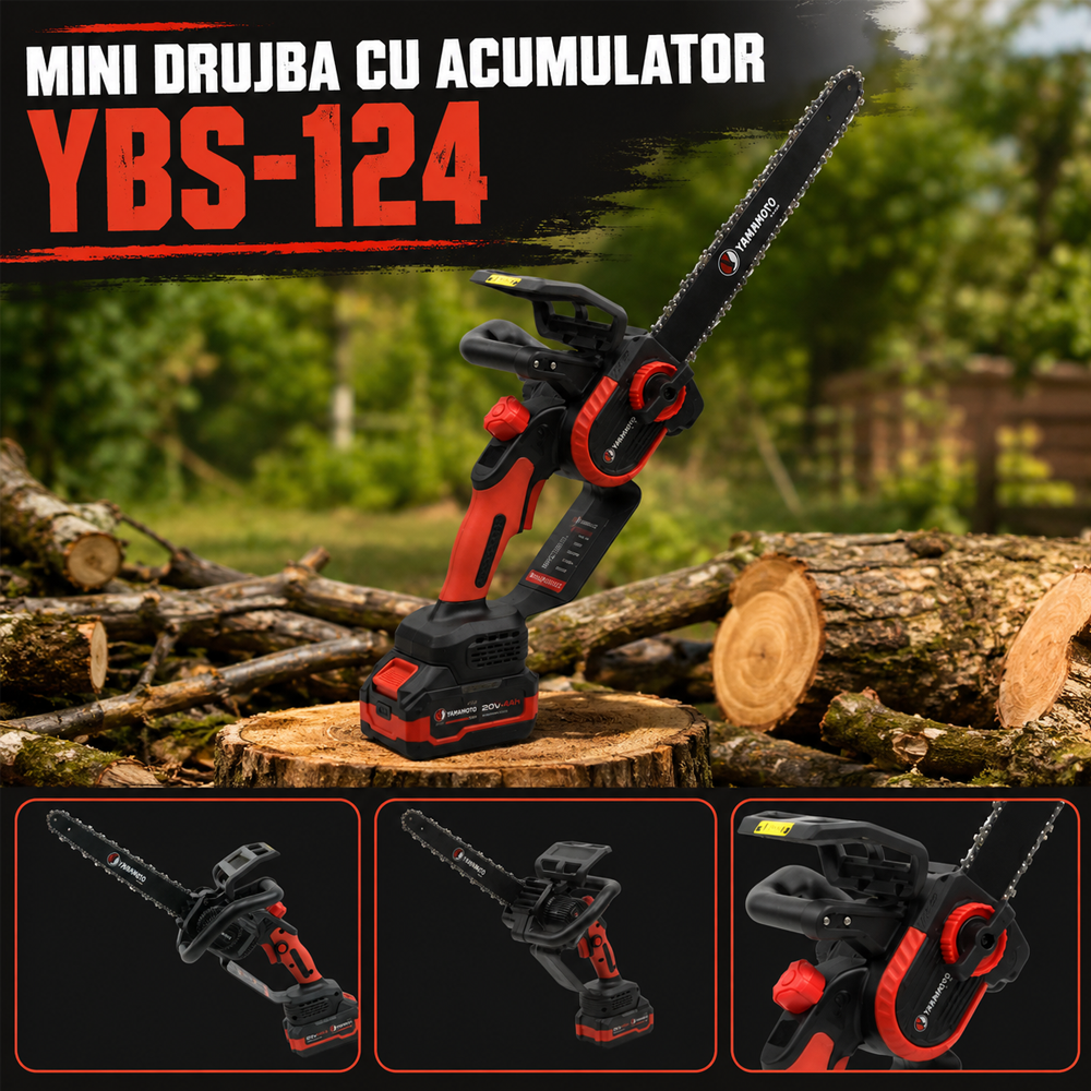 Mini drujbă pe acumulator 20V 4Ah, 1000W Brushless, lamă 12” / 30 cm, tăiere 260 mm, YBS-124 [3]