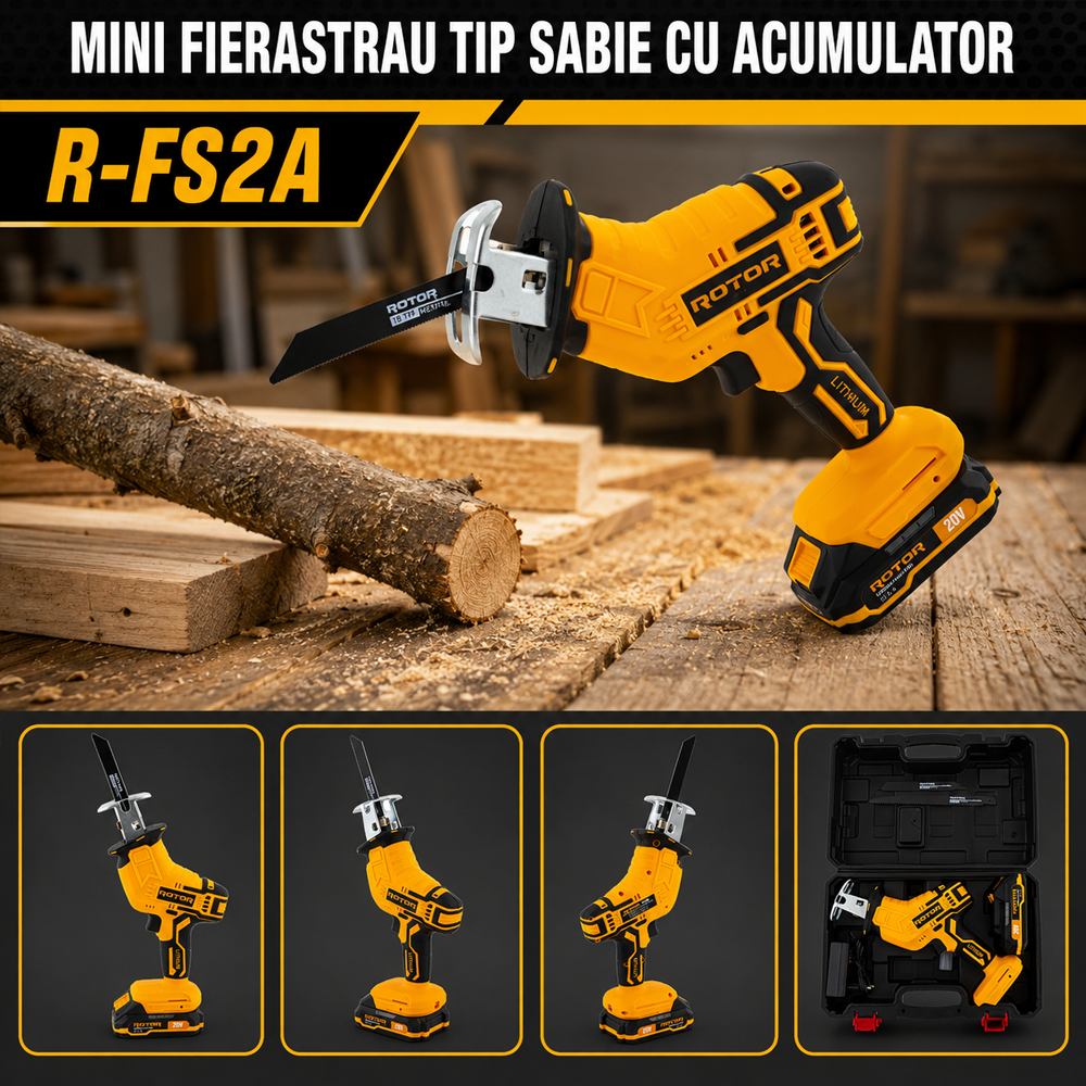 Mini fierăstrău tip sabie pe acumulator 20V 2Ah, 200W Brushless, cursă 13 mm, 0–2800 curse/min, R-FS2A [5]