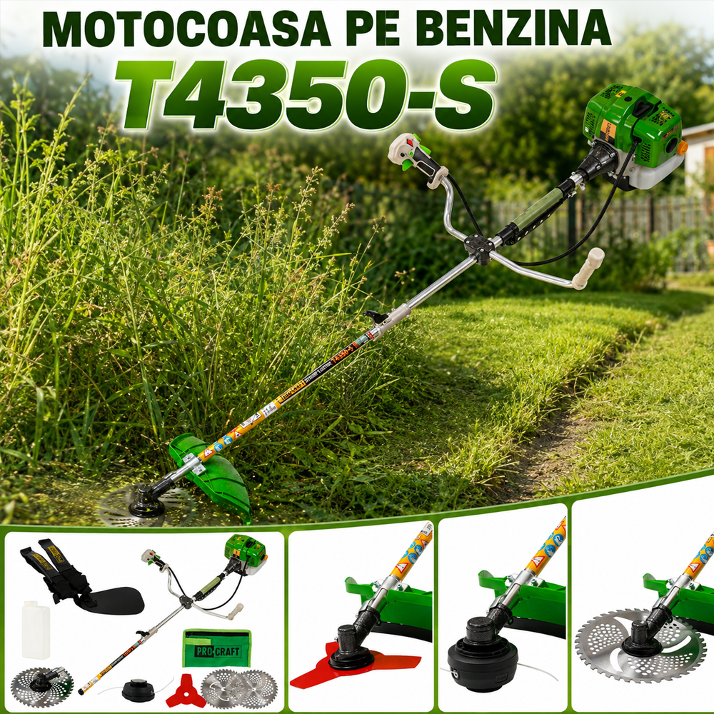Motocoasă pe benzină 2T, 52 cm³, 1,4 kW, 9000 rot/min, 3 discuri incluse, T4350-S [5]