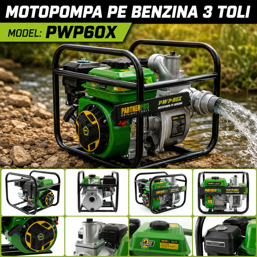 Motopompă pe benzină 3", motor 4T, 6,5 HP, debit 60 m³/h, refulare 25 m, PWP60X [5]