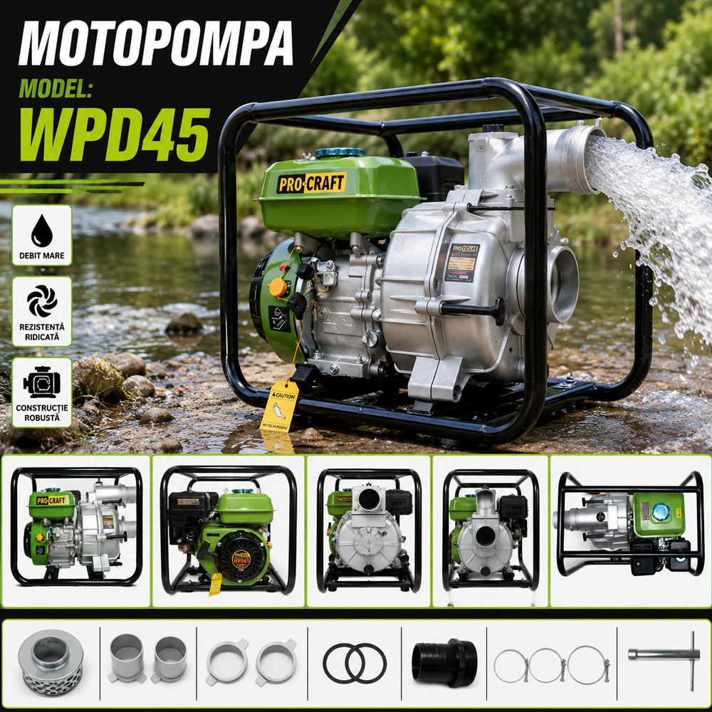 Motopompă pe benzină 4T, 196 cm³, debit 45.000 l/h, racord 75 mm, rezervor 3,6 L, WPD45 [5]