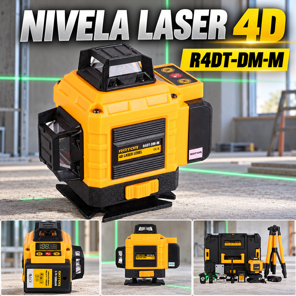 Nivelă laser 4D, laser verde, 16 linii, 4 × 360°, rază 25 m, 2 acumulatori, R4DT-DM-M [4]