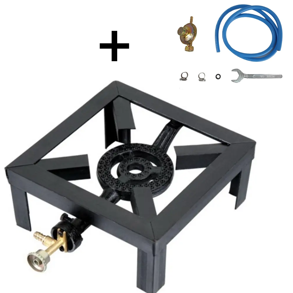 Arzătoare pe gaz și Pirostrii - SET: Pirostrie pătrată pentru gătit în aer liber, 26,5 x 26,5 cm, PM750 + Kit furtun GPL si ceas 1.5 metri