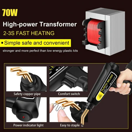 Pistol pentru lipit si sudat plastic,cu capse metal, putere 70W, cu 4 tipuri de capse, negru [6]