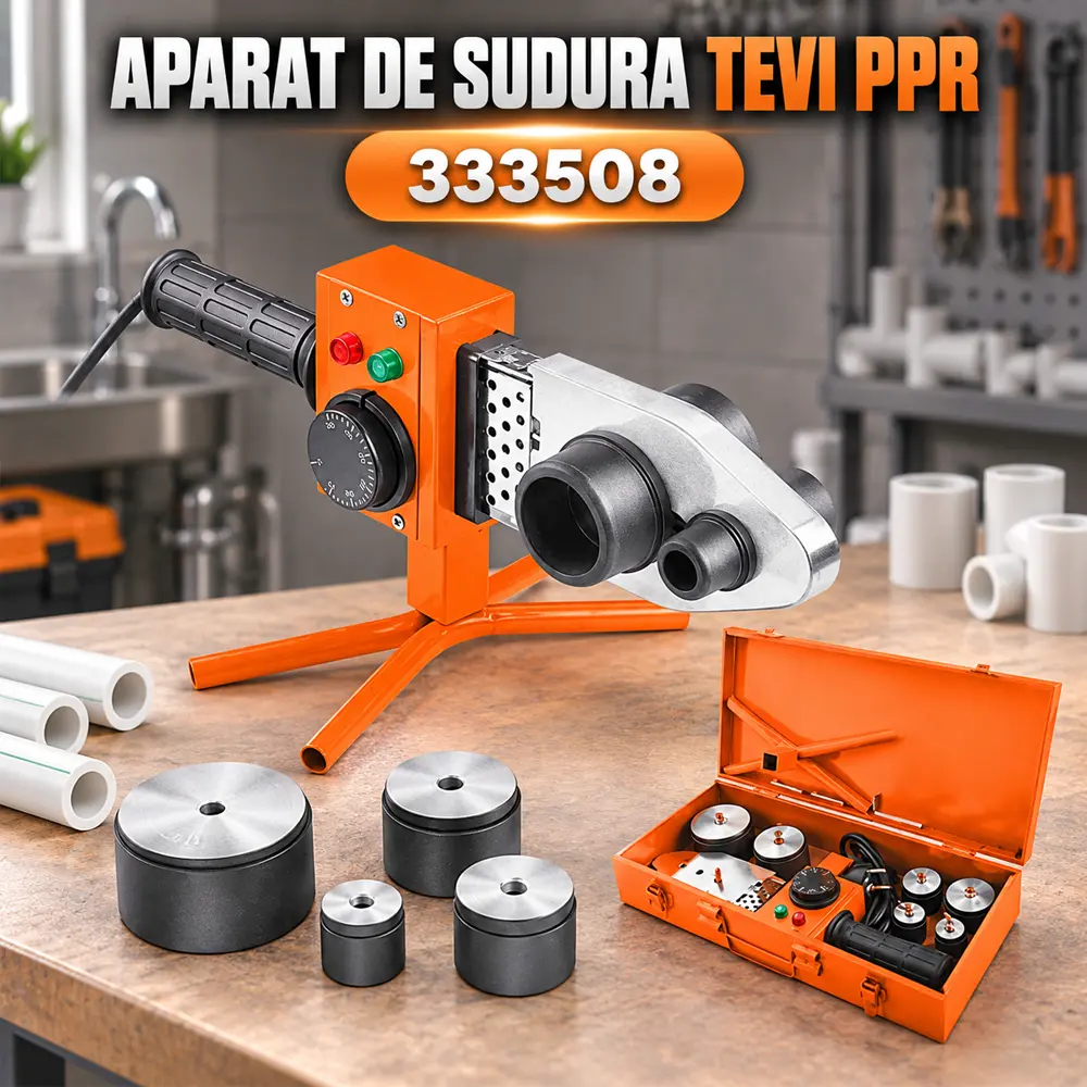 Plită sudură PPR 800W, 300°C, 6 bacuri 20–63 mm, 333508 [1]