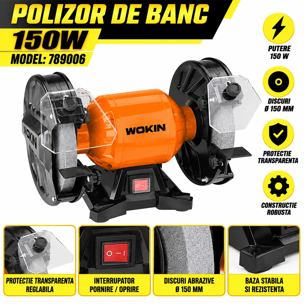 Polizor de banc 150W, 2950 rpm, discuri 150 mm, suport reglabil și protecție ochi, 789006 [1]