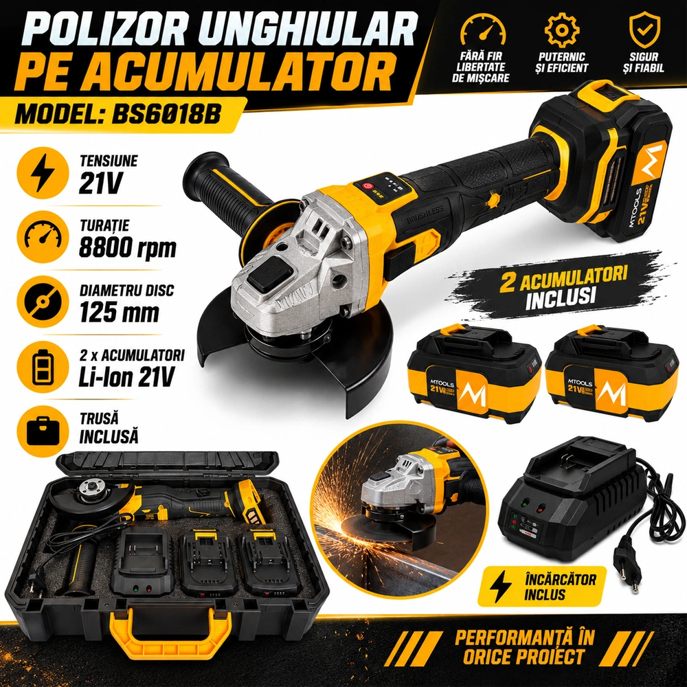 Polizor unghiular cu acumulator 21V, Brushless, disc 125 mm, 6 trepte, 2 acumulatori 4Ah, BS6018B [3]