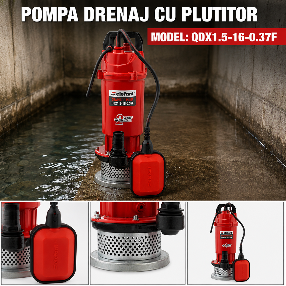 Pompă de drenaj submersibilă cu plutitor, 370W, 50 l/min, refulare 16 m, racord 1", QDX1.5-16-0.37F [4]