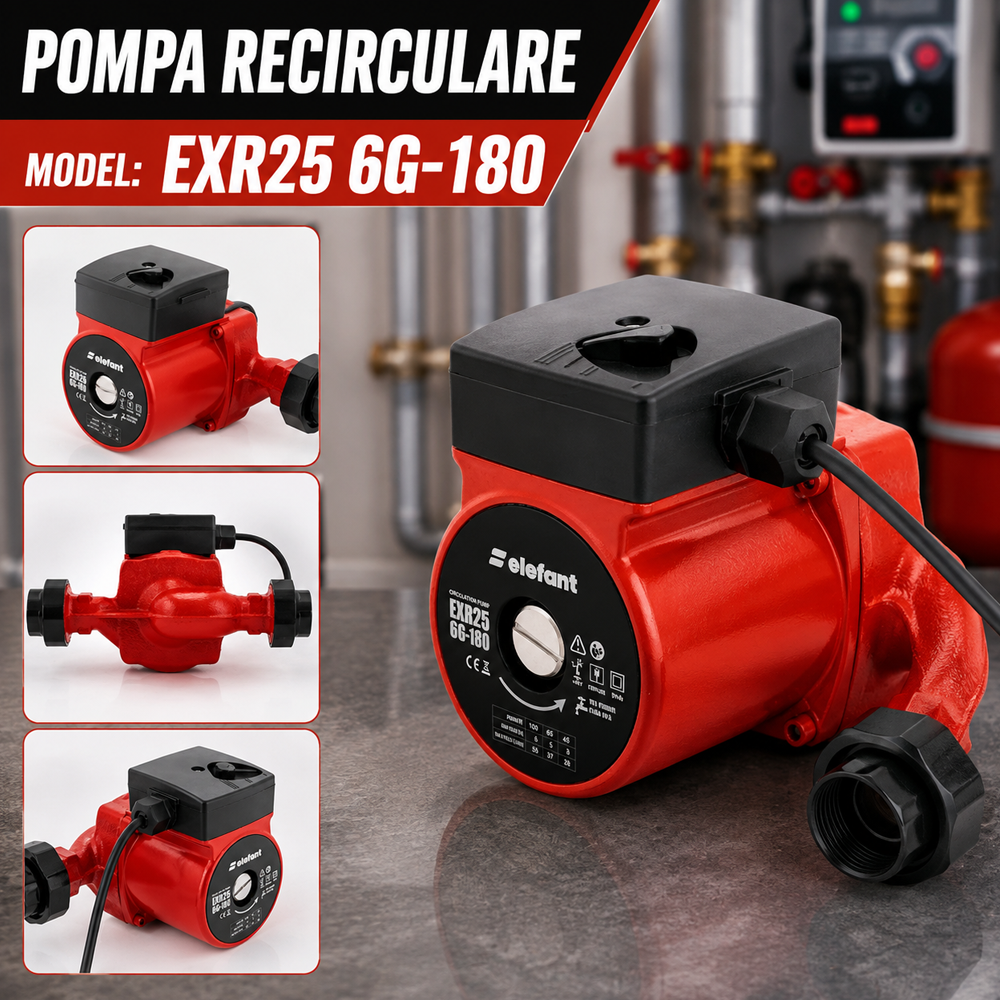 Pompă de recirculare 100W, 3 trepte, debit 55 l/min, înălțime 6 m, racord 1", montaj 180 mm, EXR25 6G-180 [4]