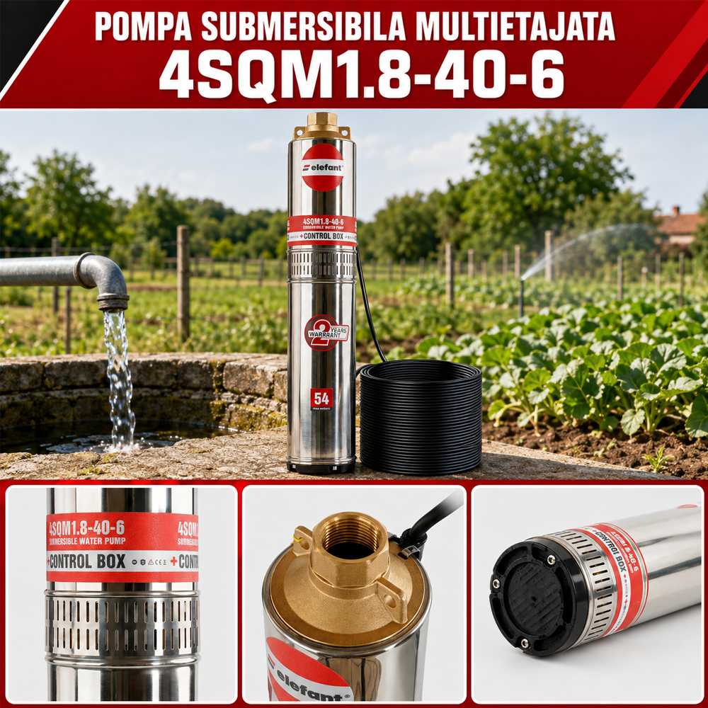 Pompă submersibilă multietajată 720W, 6 turbine, debit maxim 3,6 m³/h, refulare 54 m, 4SQM1.8-40-6 [4]
