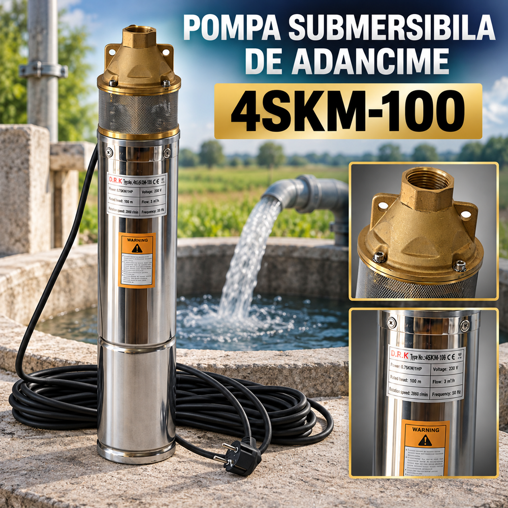 Pompă submersibilă de adâncime 0,75 kW, 3000 l/h, refulare 100 m, 2 turbine, cablu 15 m, 4SKM-100 [3]