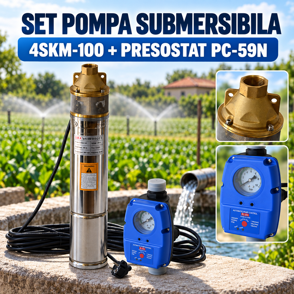 SET: Pompă submersibilă 4SKM-100, 0,75 kW, 3000 l/h, refulare 100 m, 2 turbine, cablu 15 m + Presostat electronic PC-59N [4]