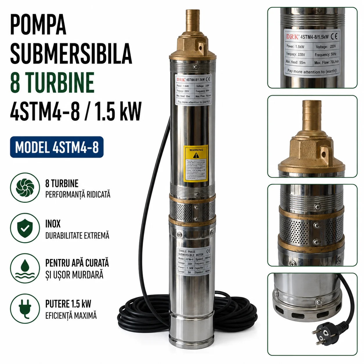 Pompă submersibilă de mare adâncime, 1,5 kW, debit 5 m³ / h, 8 turbine, refulare 120 m și cablu 25 m, 4STM4-8 [4]
