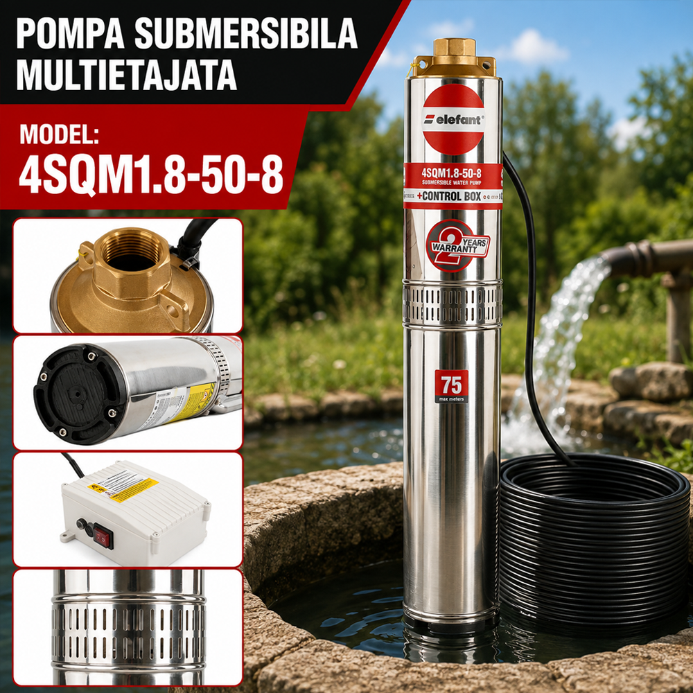 Pompă submersibilă multietajată 970W, 8 turbine, debit maxim 3,6 m³/h, refulare 75 m, 4SQM1.8-50-8 [4]