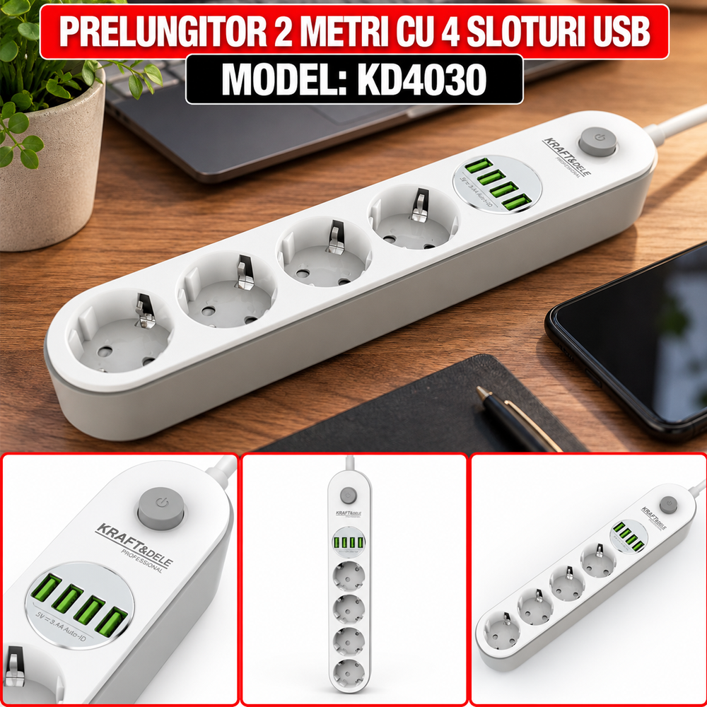 Prelungitor 2 m, 4 prize, 4 porturi USB, protecție la suprasarcină, KD4030 [4]