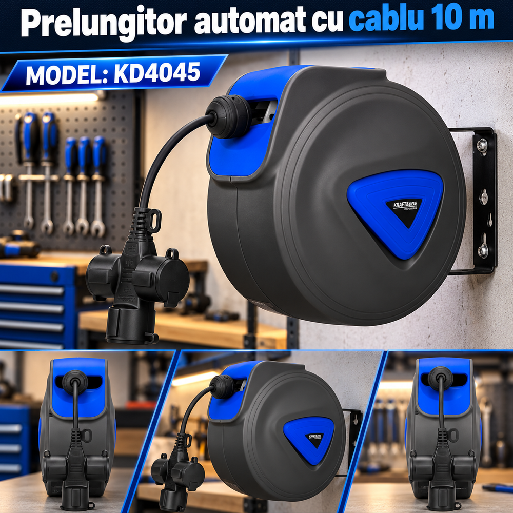 Prelungitor automat cu cablu 10 m, 3 × 1,5 mm², 250 V / 16 A, montaj pe perete, KD4045 [4]