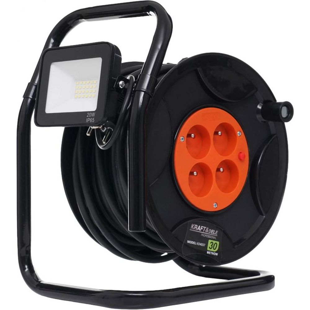 OFERTA ZILEI - Prelungitor pe tambur 30 m, 4 prize 250V/6A, lampă LED 20 W, IP65, KD4037