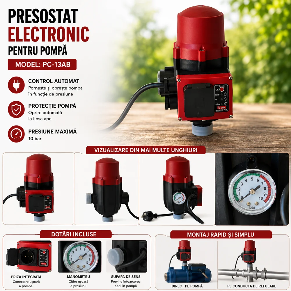 Presostat electronic pentru pompă cu priză, manometru, protecție la mers în gol, racord 1 tol, 10 bar, PC-13AB [4]