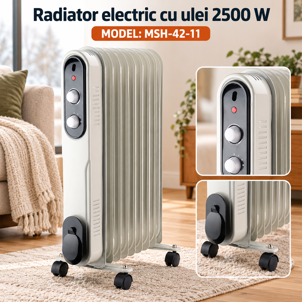 Radiator electric cu ulei 2500 W, 3 trepte de putere, 490 × 130 × 650 mm, MSH-42-11 [1]