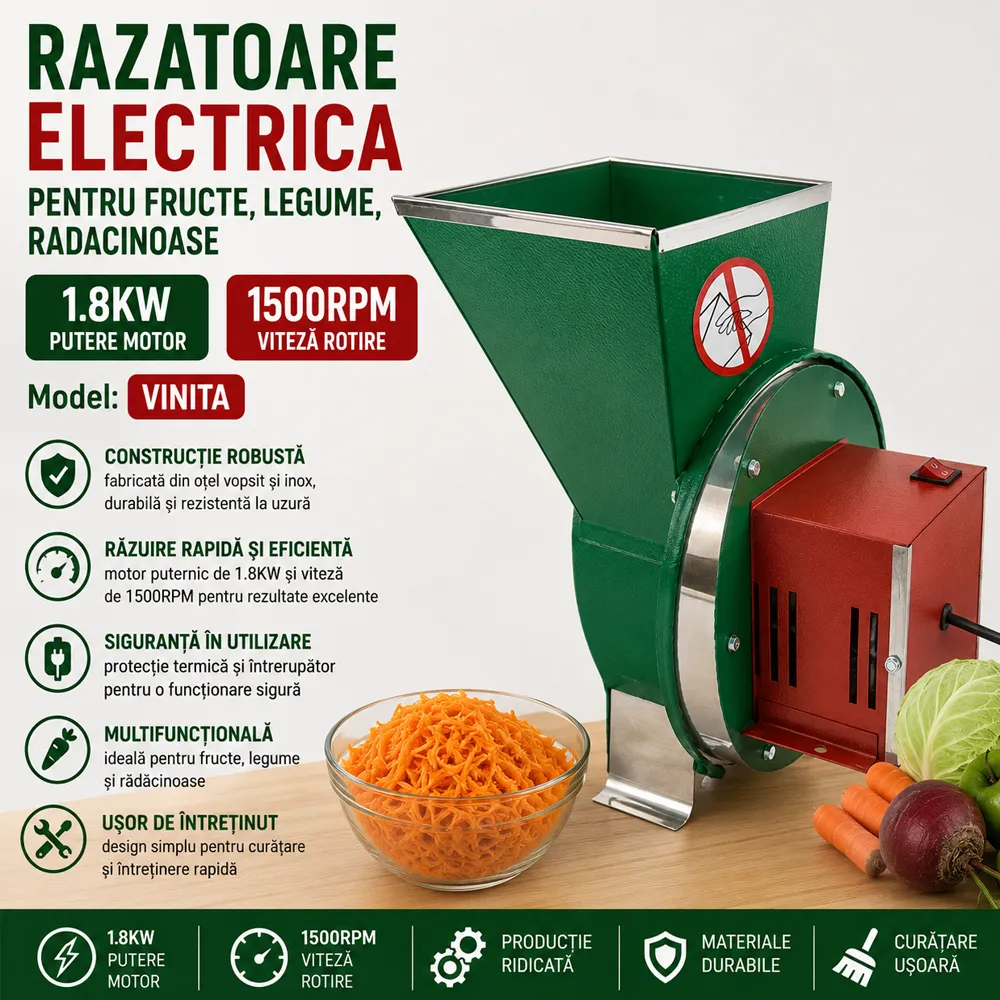 Răzătoare electrică pentru fructe, legume și rădăcinoase 1,8 kW, 400 kg/h, cuvă inox, VINITA [4]