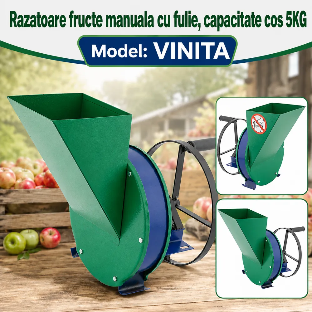 Răzătoare manuală pentru fructe cu fulie, 200 kg/h, coș 5 kg, VINITA [4]