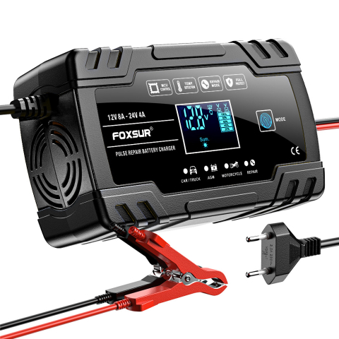 Redresor Auto Foxsur 12V-24V, 8A, Inteligent și Automat pentru Baterii LiFePO4, Gel, AGM, Wet, cu Funcție de Reparație prin Pulsuri, Negru [1]