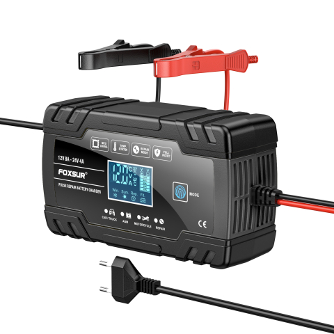 Redresor Auto Foxsur 12V-24V, 8A, Inteligent și Automat pentru Baterii LiFePO4, Gel, AGM, Wet, cu Funcție de Reparație prin Pulsuri, Negru [4]