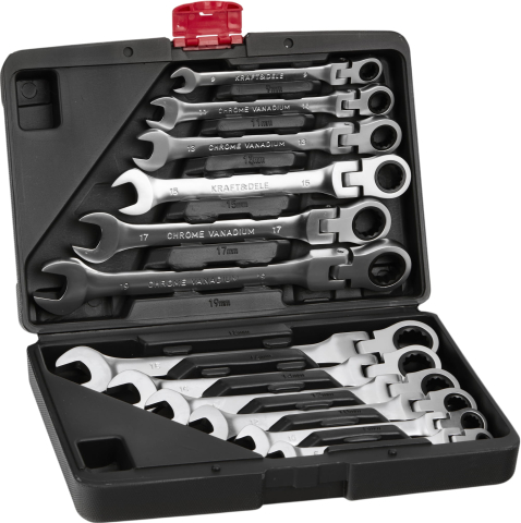 Truse scule reparatii Auto - Set 12 Chei Combinate cu Clichet și Articulație, 8-19mm, Oțel Crom-Vanadiu, Husă de Transport Inclusă