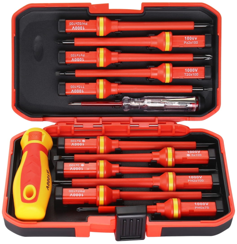 Bricolaj - Set 14 Șurubelnițe Izolate 1000V, Certificare VDE/GS, Mâner Ergonomic și Tester Tensiune inclus