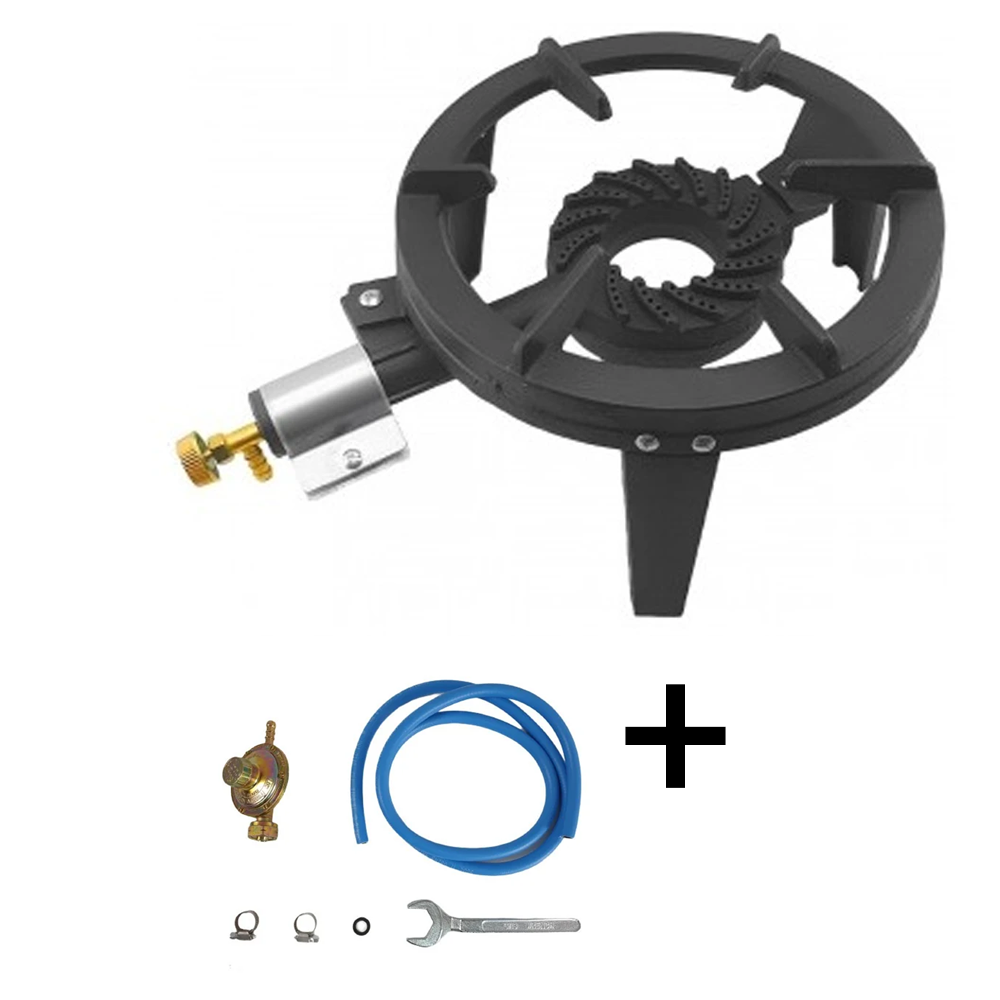 Arzătoare pe gaz și Pirostrii - SET: Arzător pe gaz / Pirostrie cu 1 arzător, 3 picioare, RM385 + Kit furtun GPL si ceas 2 metri