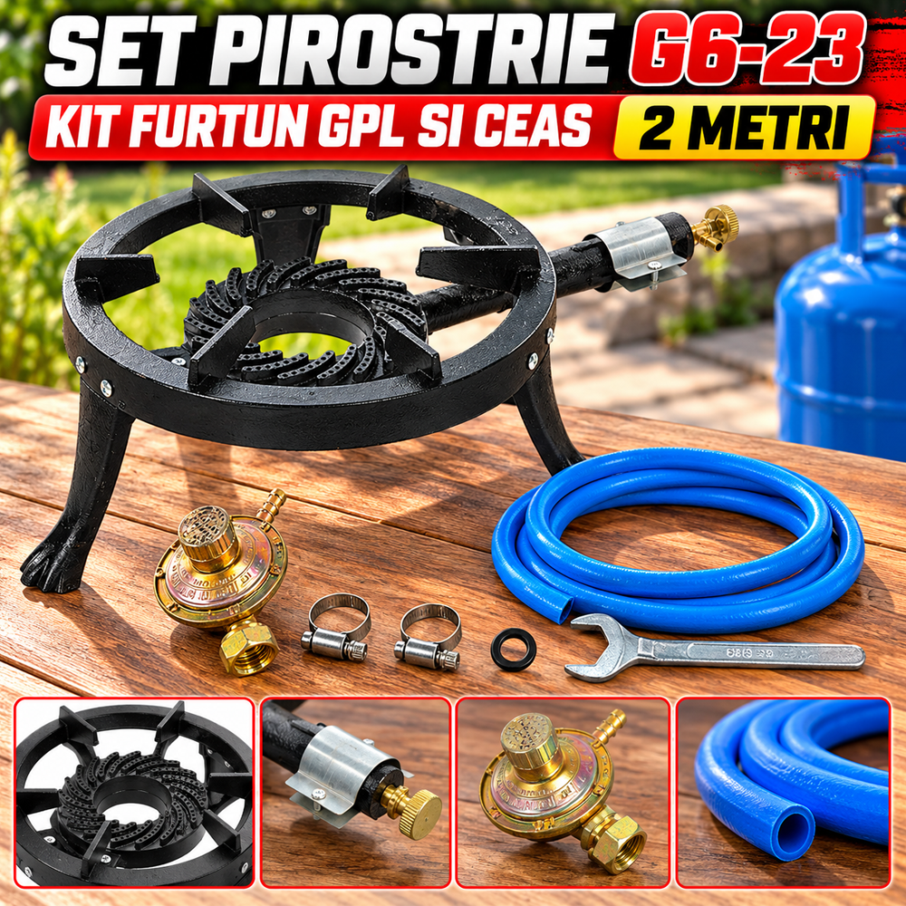 SET: Arzător pe gaz / Pirostrie rotundă din fontă, 1 foc, diametru 35 cm, G6-23 + Kit furtun GPL si ceas 2 metri [4]